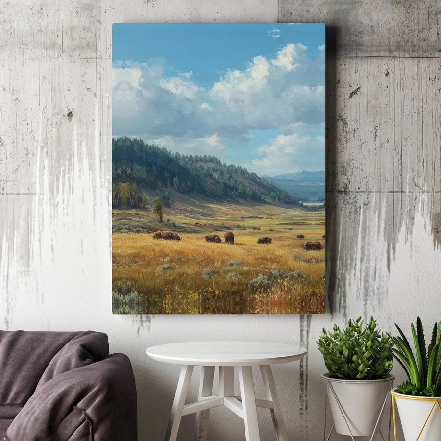 Bison Landscape Vertical Canvas Art | Oil Painting Scenic American West Mountain Valley | Premium 1.25 Inch Gallery Wrap | Rustic Cabin Wall Decor Gift