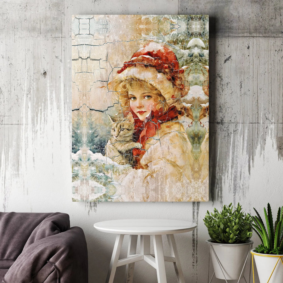 Victorian Girl With Cat Wall Art | Vintage Winter Illustration | Premium Fade-Resistant Canvas | Charming Christmas Holiday Home Decor Gift