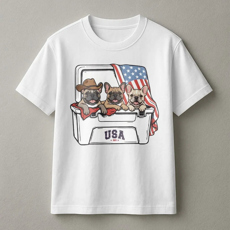Patriotic French Bulldog T-Shirt | USA Flag Cooler Graphic Sweatshirt | Soft Cotton Blend | America 250th Anniversary Gift for Dog Lover