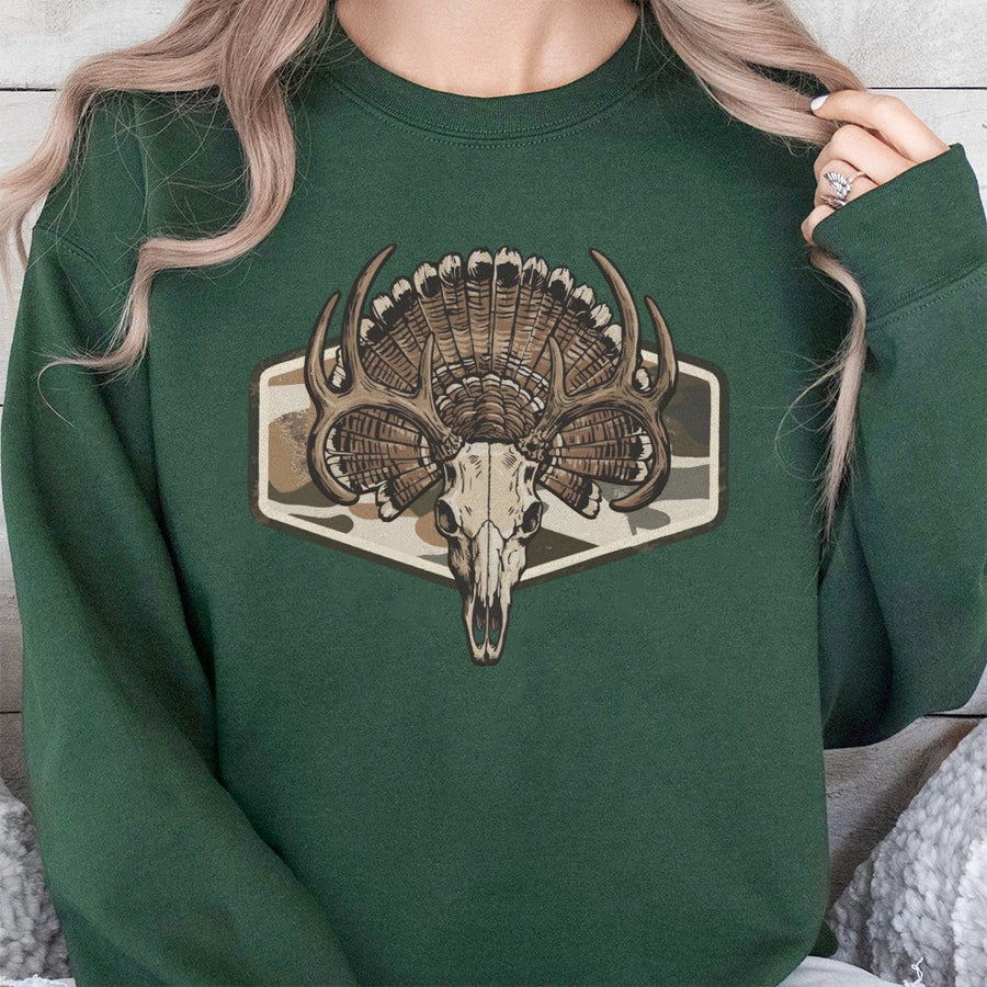 Deer Turkey Skull Sweatshirt | Camo Antler Graphic Print | Premium Cotton Blend | Hunting Gift For Outdoorsmen And Hunters