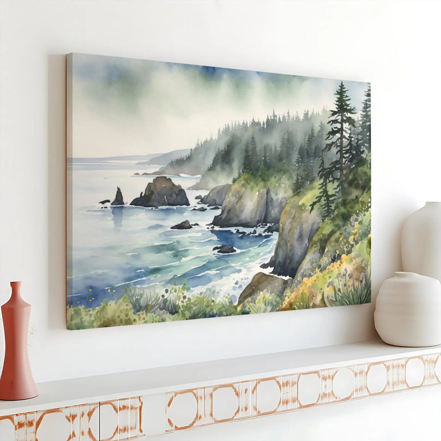 Coastal Canvas Wall Art | Pacific Northwest Watercolor Painting | Premium Fade-Resistant Print | Nature Lover Gift & Living Room Decor