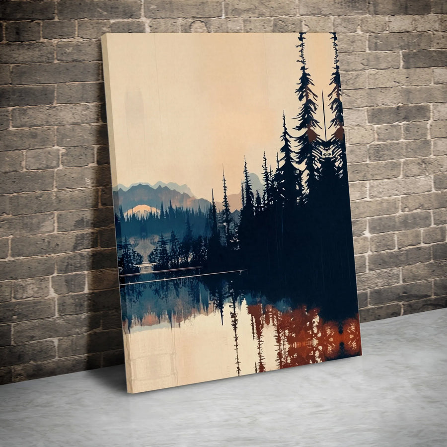 Mountain Forest Canvas Wall Art | Abstract Pine Trees and Lake Reflection | Premium Gallery Wrapped Canvas | Modern Rustic Home Decor Gift
