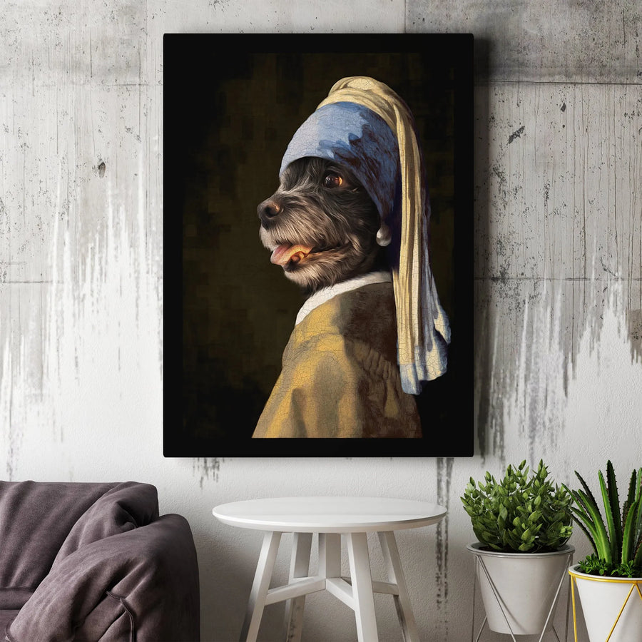 Dog With A Pearl Earring Canvas Print | Vermeer Dog Parody Art | Gallery Quality Premium Wall Decor | Unique Gift For Dog Lovers