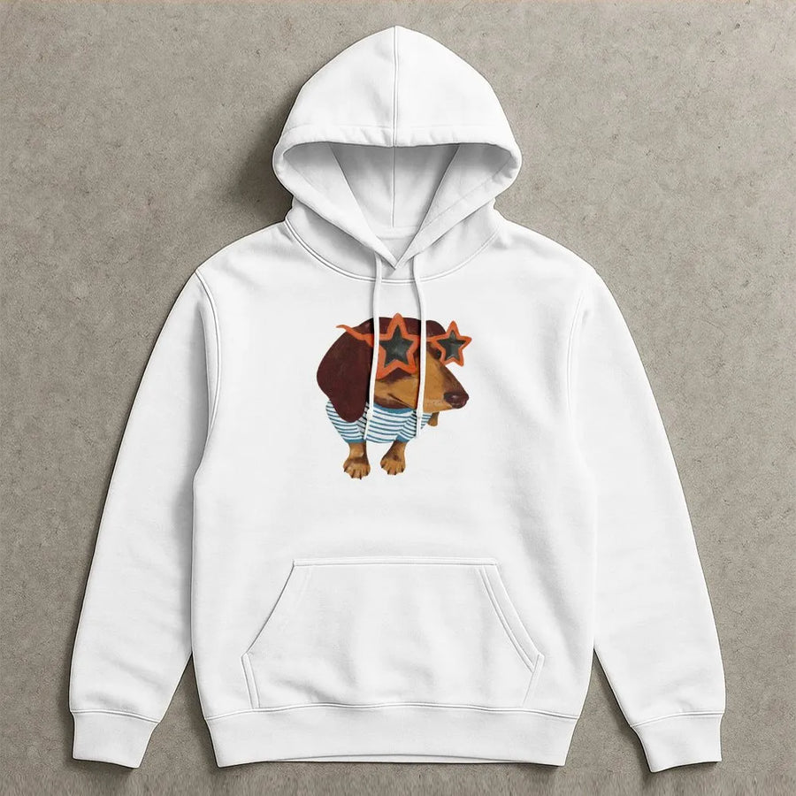 Dachshund Hoodie | Funny Wiener Dog in Star Glasses Graphic | Cotton Blend Premium Sweatshirt | Gift for Dog Lover