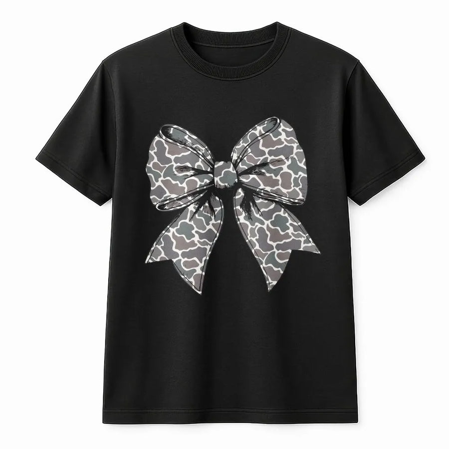 Camo Bow T-Shirt | Trendy Coquette Aesthetic Graphic Print | Premium Soft Cotton Tee | Cute Girly Country Style Gift for Her