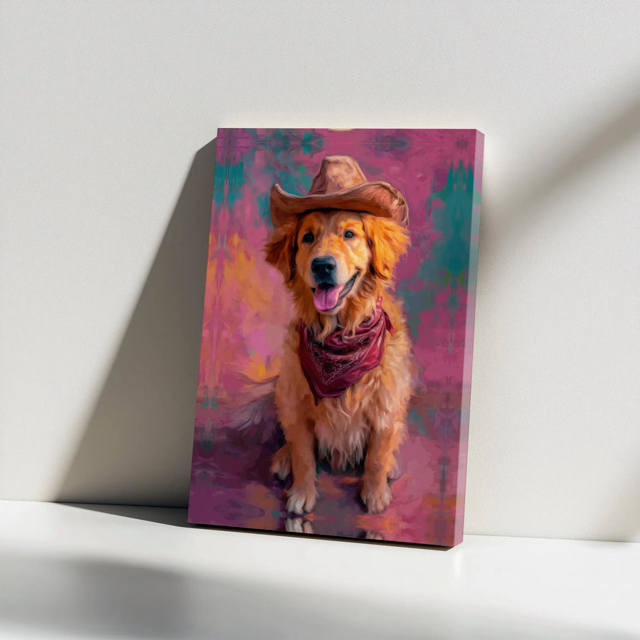 Golden Retriever Cowboy Canvas Wall Art | Painterly Western Dog Portrait | Premium Stretched Canvas | Gift for Dog Lover & Modern Farmhouse Decor