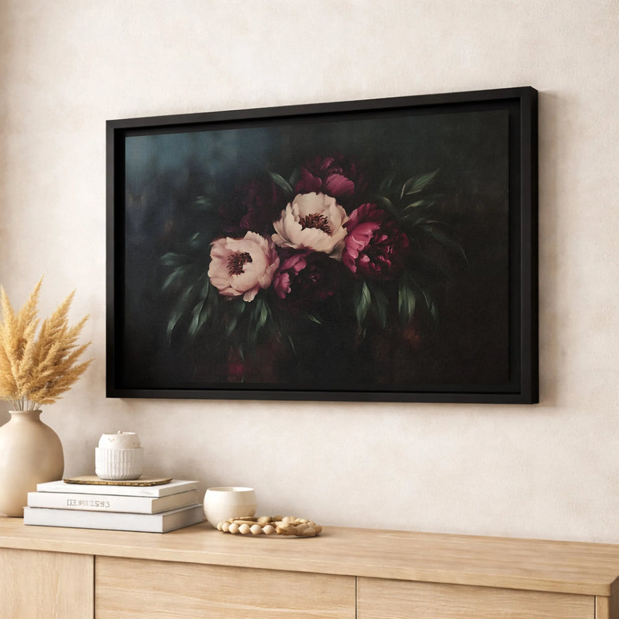 Moody Dark Floral Canvas Wall Art | Peony Bouquet Still Life Oil Painting Style | Premium 1.25 Inch Gallery Wrap | Elegant Home Decor Gift