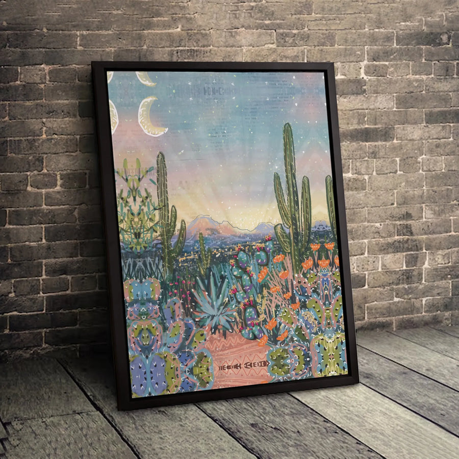 Boho Southwestern Desert Canvas Art | Cactus Landscape With Celestial Moons | Premium 1.25" Gallery Wrap | Western Home Decor Gift