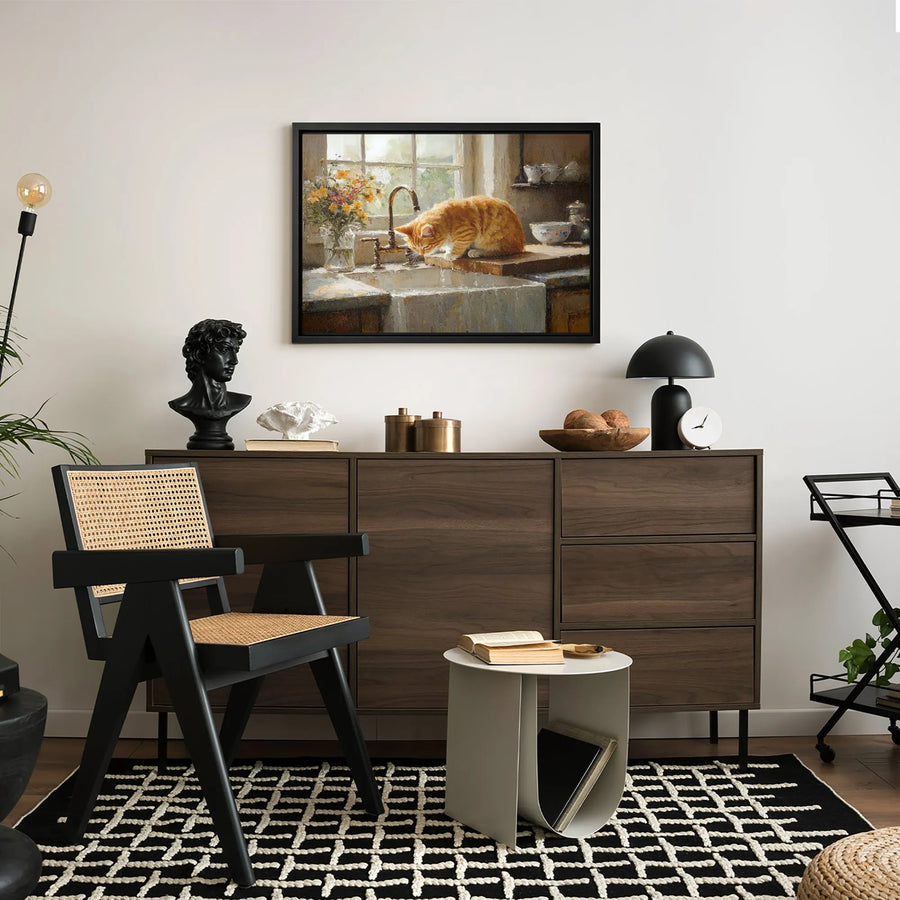 Orange Tabby Cat Wall Art | Impressionist Kitchen Sink Painting | Premium Gallery Wrap Canvas | Cozy Animal Lover Home Decor Gift
