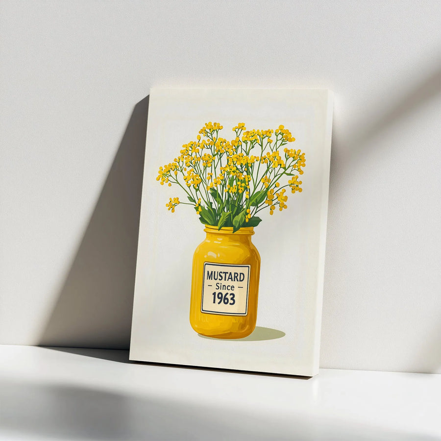 Mustard Jar Flower Canvas Print | Vintage Botanical Kitchen Art | Premium Thick Canvas | Unique Foodie & Home Cook Gift