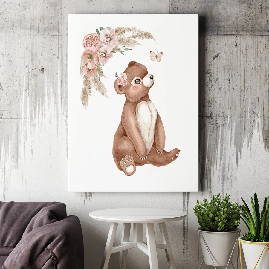 Boho Bear Nursery Wall Art | Watercolor Floral Animal Print | Premium Gallery-Wrapped Canvas | Cute Baby Room Decor Gift