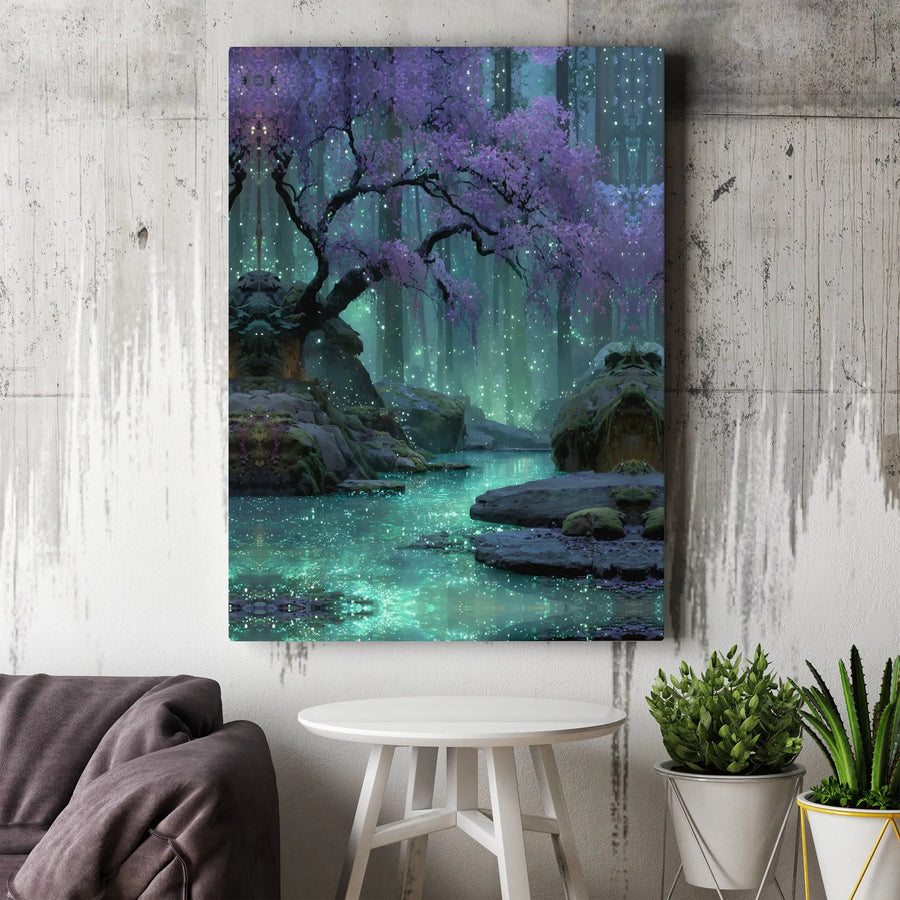 Enchanted Forest Canvas Wall Art | Glowing River & Purple Blossom Tree | Premium Gallery Wrap Print | Fantasy Home Decor for Living Room