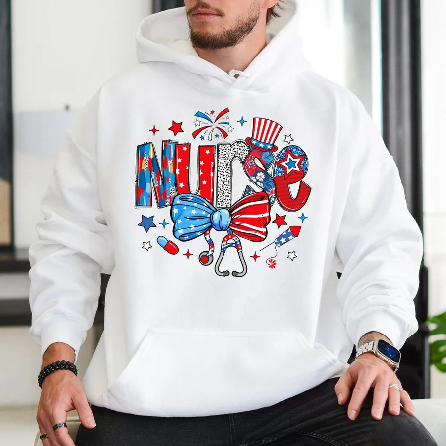 Patriotic Nurse Hoodie | Coquette American Flag Design with Stethoscope Bow | Soft Cotton Blend | 4th of July Gift for ER, ICU, LPN Nurses