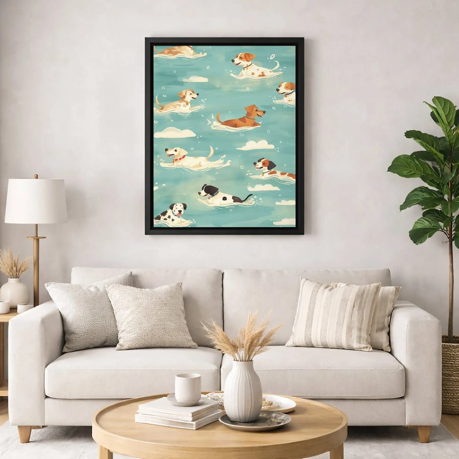 Dog Wall Art Canvas | Cute Swimming Puppies Illustration | Premium Fade-Resistant Print | Animal Lover Home Decor Gift