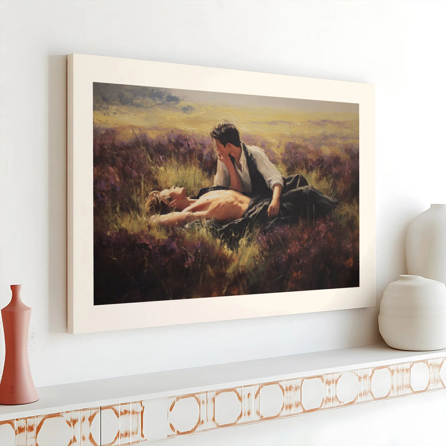 Romantic Gay Couple Canvas Print | Lovers in Purple Meadow Oil Painting Style | Premium Gallery Wrap Wall Art | LGBTQ Anniversary Gift