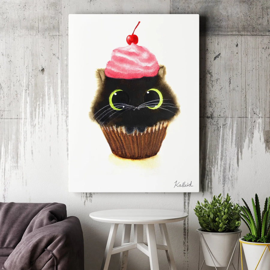 Black Cat Cupcake Canvas Print | Whimsical Kitten Dessert Wall Art | Gallery Wrapped Premium Decor | Cute Animal Lover Gift For Nursery