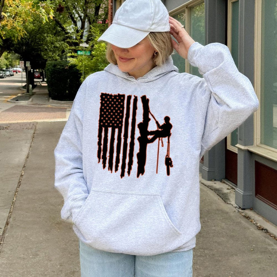 Arborist Tree Climber Hoodie | American Flag Silhouette Graphic | Premium Cotton Blend | Gift For Tree Surgeon Logger Lumberjack