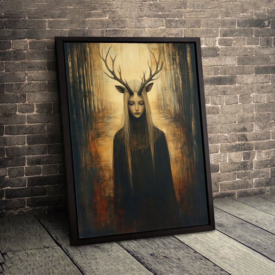 Mystical Deer Antler Woman Canvas | Dark Fantasy Forest Wall Art | Premium Gallery-Wrapped Print | Gothic Home Decor Gift