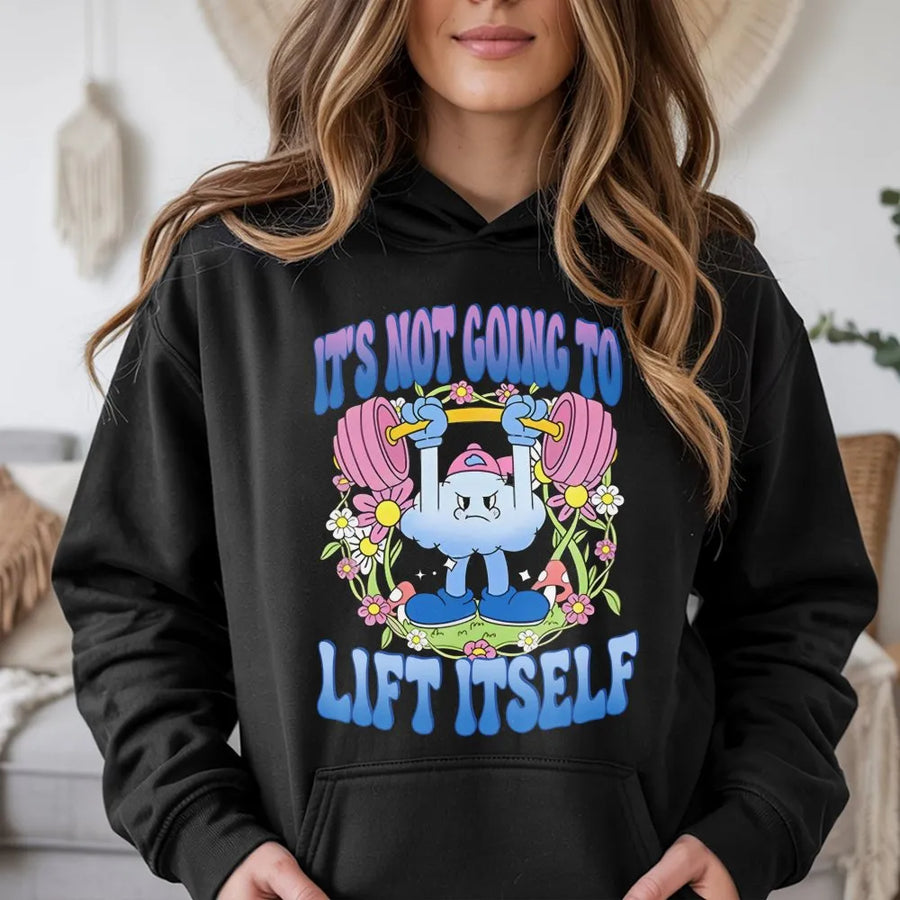 It's Not Going To Lift Itself Hoodie | Funny Gym Cartoon Weightlifting Graphic | Premium Cotton Blend Unisex Pullover | Motivation Workout Gift