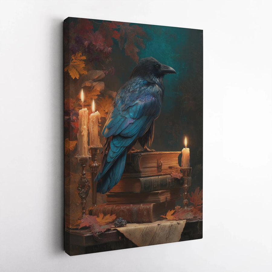 Dark Academia Raven on Vintage Books Vertical Canvas | Moody Gothic Crow and Candles Wall Art | 1.25 Inch Thick Gallery Wrap | Mystic Library Gift for Goth Book Lovers
