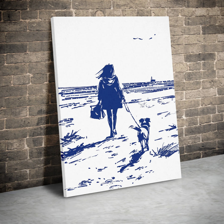 Woman Walking Dog Vertical Canvas | Minimalist Blue Ink Sketch Wall Art | Premium Gallery Wrapped Canvas | Modern Coastal Home Decor Gift for Dog Lover