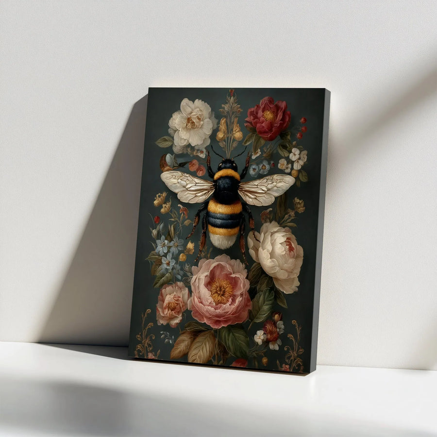 Bumblebee Wall Art Canvas | Vintage Dark Floral Bouquet Illustration | Premium Gallery Wrap Print | Nature Decor For Home Or Office