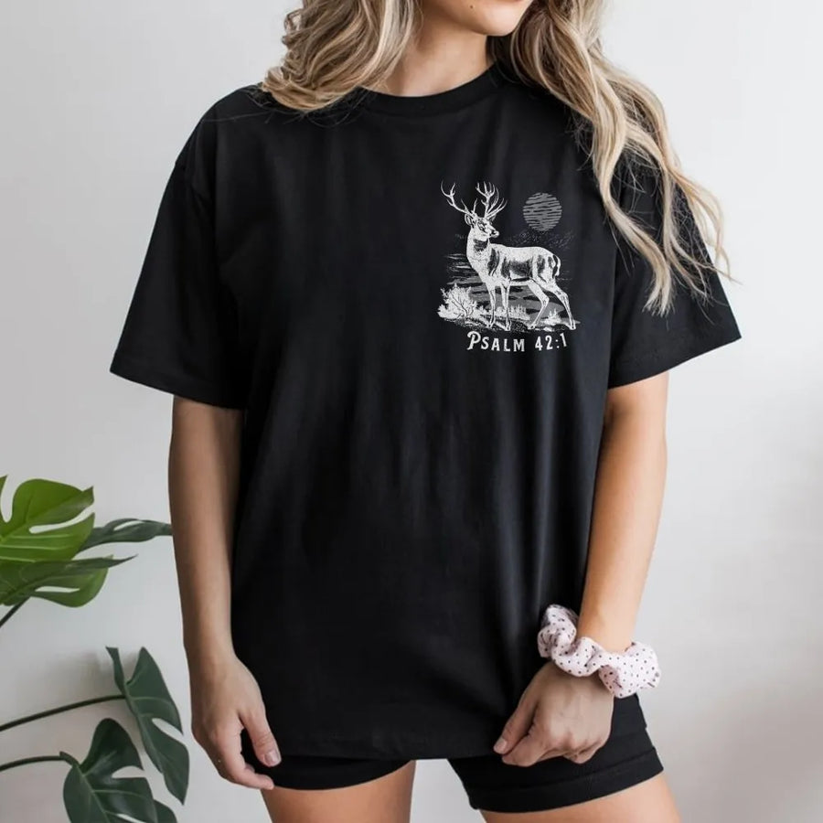 Psalm 42:1 Christian T-Shirt | Vintage Deer Graphic Tee | Soft Breathable Cotton | Religious Faith Gift for Men