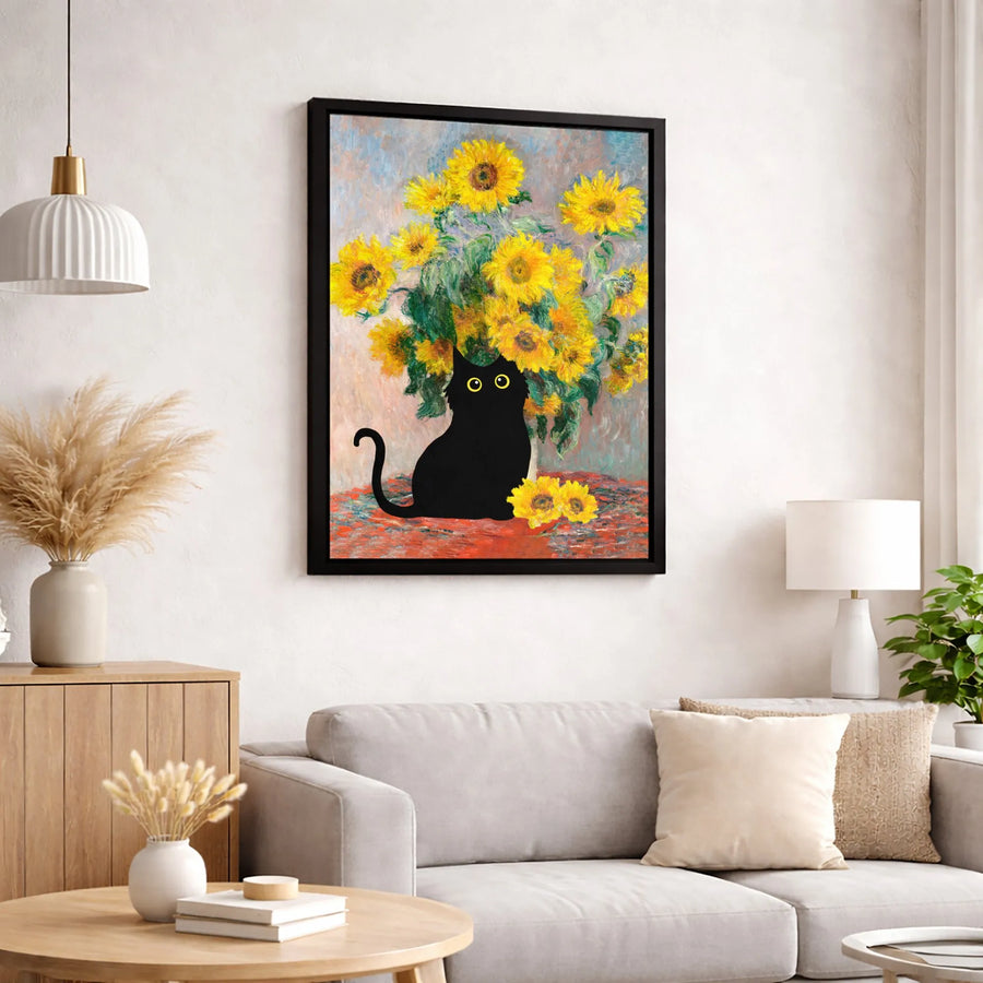 Black Cat Sunflower Canvas Art | Impressionist Monet Style Print | Gallery-Quality 1.25 Inch Wrap | Quirky Cat Lover Gift Wall Decor