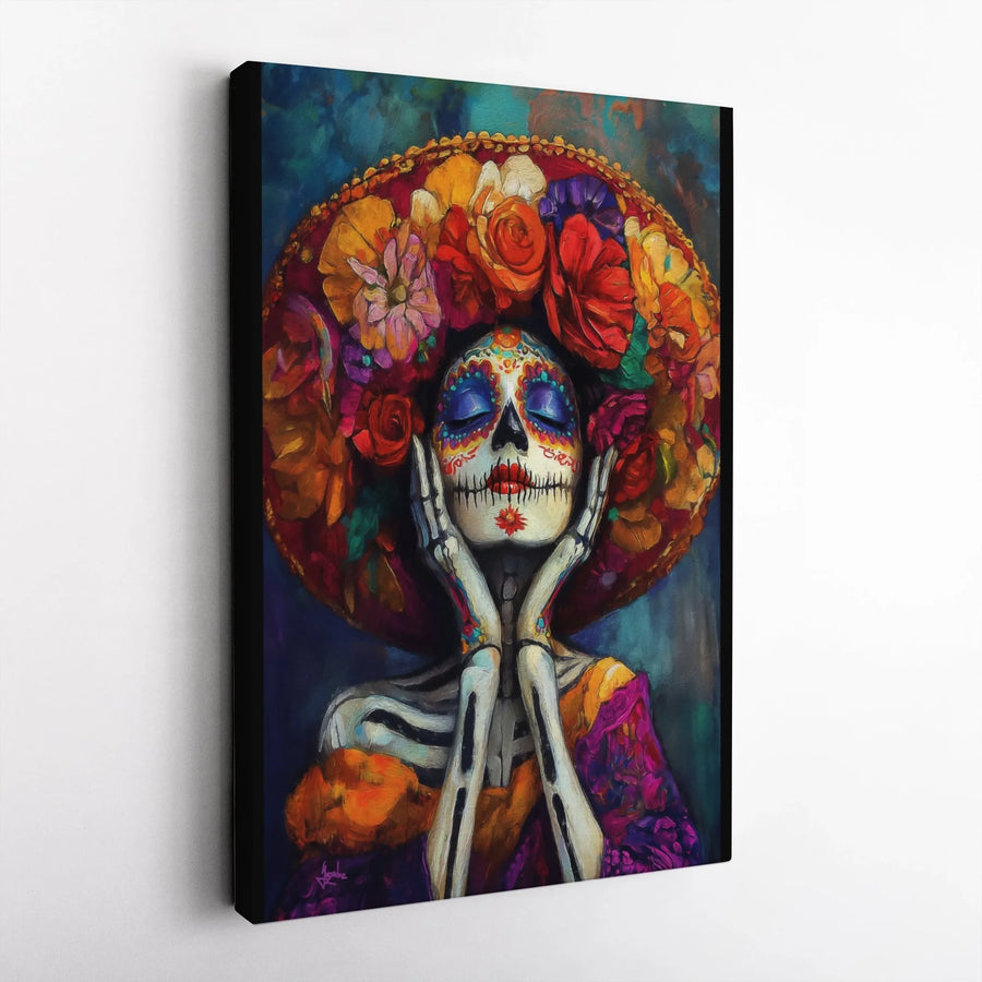 Day Of The Dead Canvas Art | Floral Sugar Skull Woman In Sombrero | Premium 1.25” Gallery Wrap | Mexican Heritage Home Decor Gift
