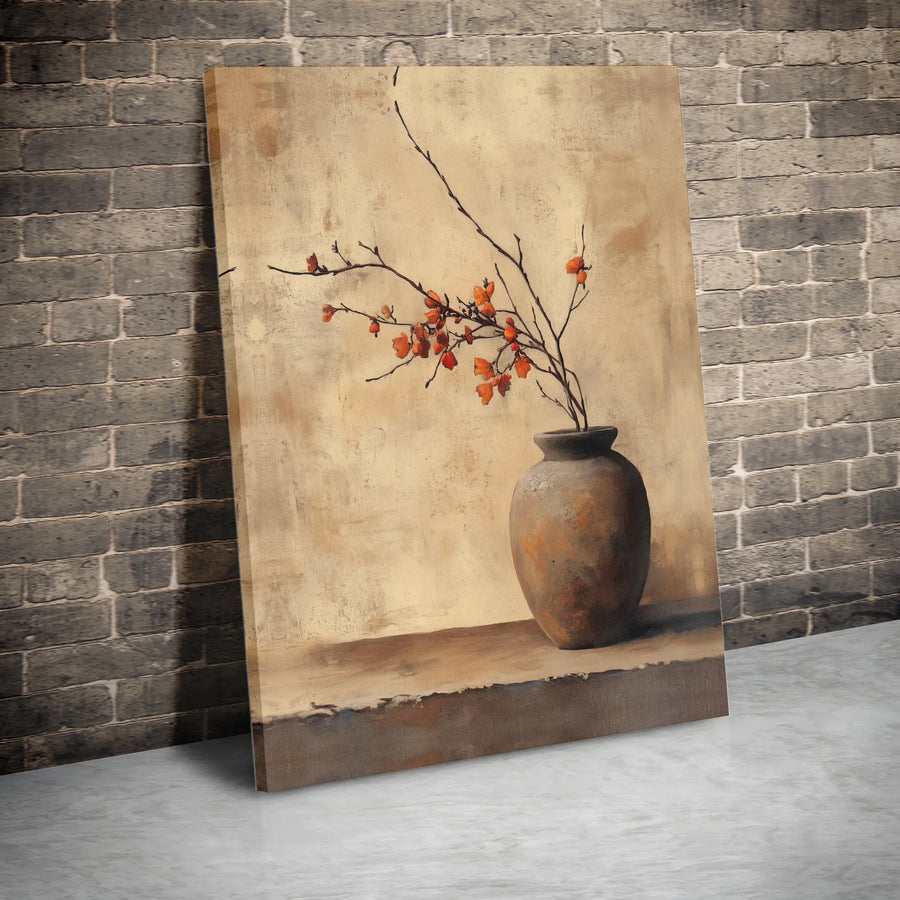Rustic Floral Vase Canvas Print | Japandi Style Botanical Art | Premium Gallery Wrapped Canvas | Living Room & Bedroom Decor Gift