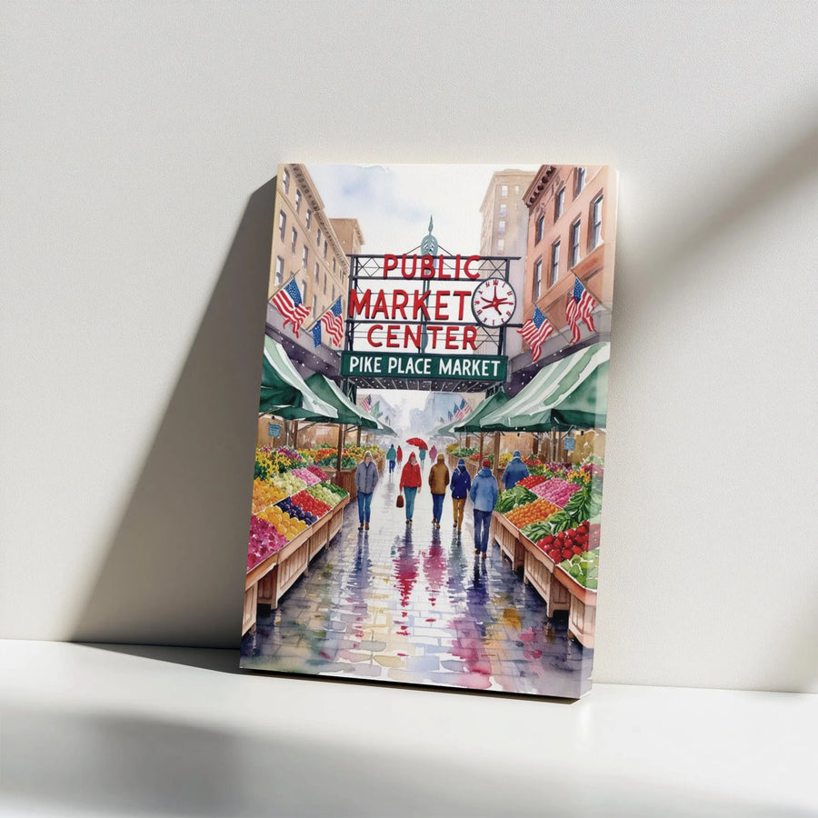 Pike Place Market Seattle Canvas Print | Watercolor Public Market Center Wall Art | 1.25" Premium Gallery Wrap | Home Office Decor Gift