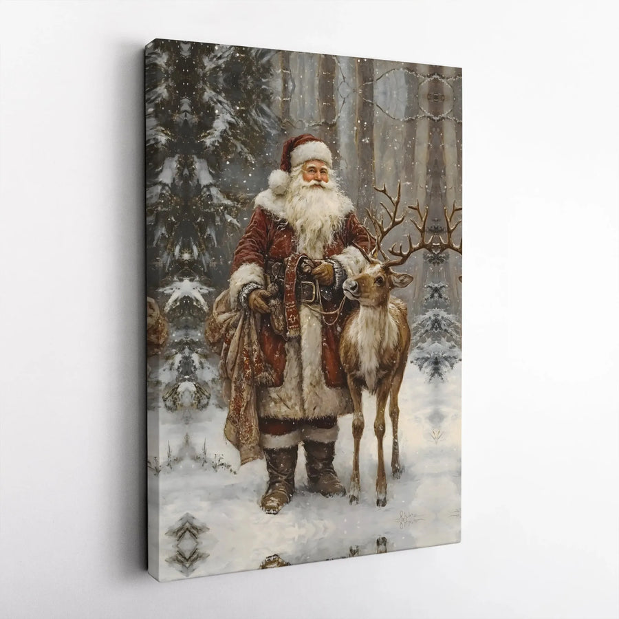 Vintage Santa Claus Wall Art | Traditional Christmas Forest Canvas Print | 1.25-Inch Gallery Wrap | Holiday Home Decor Gift