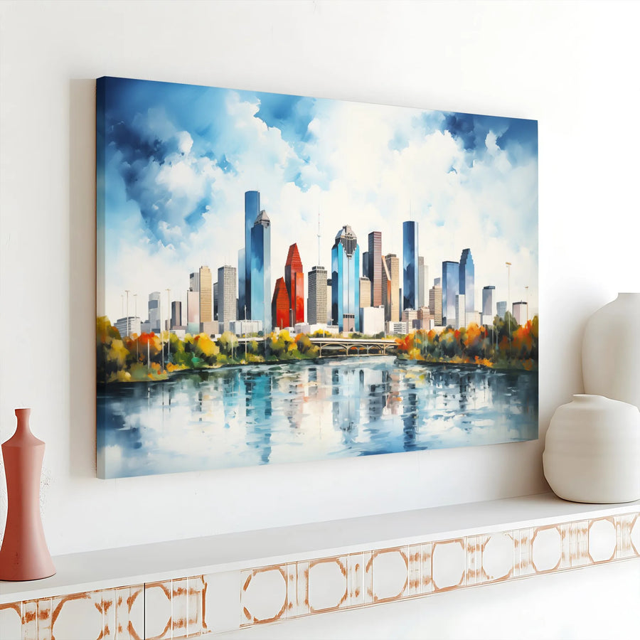 Houston Texas Skyline Canvas Wall Art | Watercolor Cityscape Painting | Premium 1.25" Thick Canvas | Modern Home Decor Gift for Texan