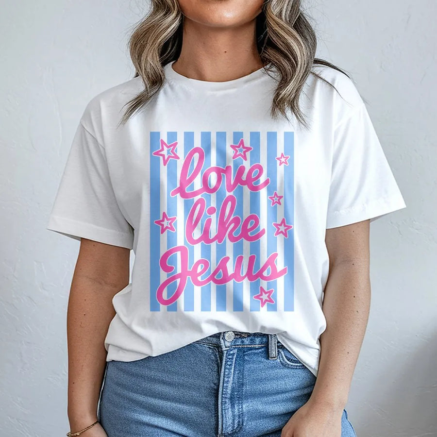 Love Like Jesus T-Shirt | Retro Striped Christian Graphic | Cozy Cotton Blend Pullover | Faith Based Apparel Gift for Women
