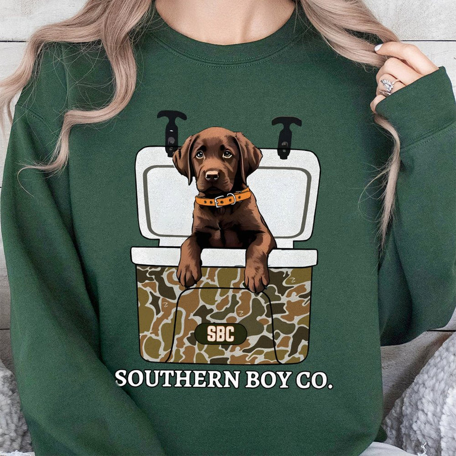 Chocolate Labrador Sweatshirt | Camo Cooler Puppy Graphic | Premium Cotton Blend Crewneck | Outdoor Dog Lover Gift For Him & Her