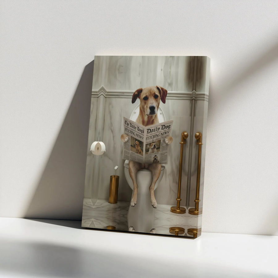 Funny Dog on Toilet Canvas Wall Art | Dog Reading Newspaper in Bathroom | Premium Gallery Wrap Canvas | Unique Gift for Dog Lover & Bathroom Decor