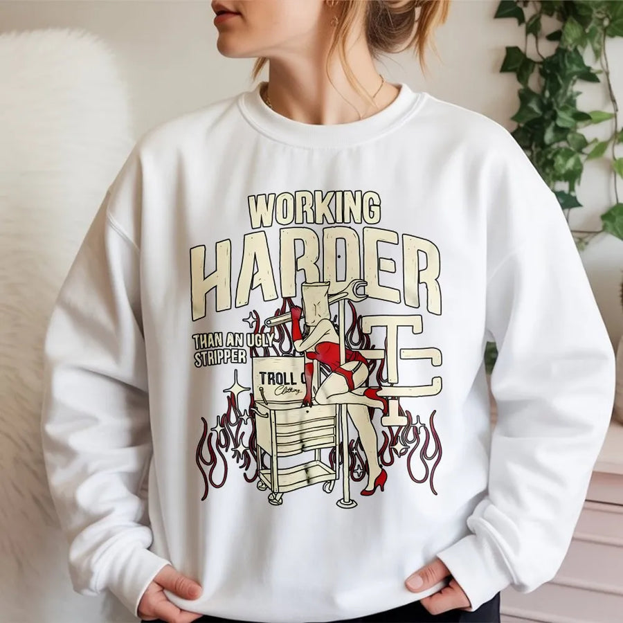 Funny Mechanic Sweatshirt | Retro 'Working Harder' Graphic | Premium Cotton Blend | Gift for Mechanics & Blue Collar Workers
