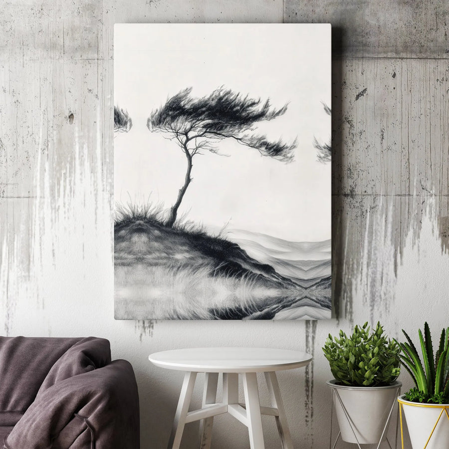 Windswept Tree Canvas Wall Art | Minimalist Charcoal Tree Sketch | Premium Gallery Canvas | Black and White Nature Art Gift