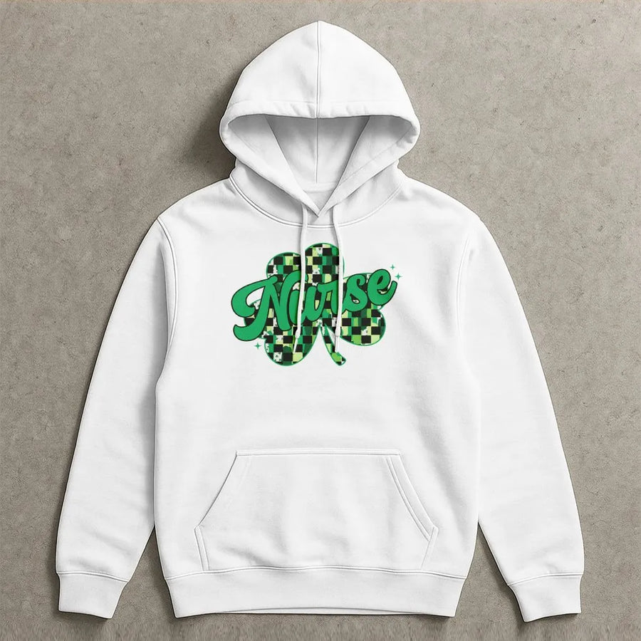 Nurse St Patricks Day Hoodie | Shamrock Checkerboard Graphic | Premium Cotton Blend | Gift for Nursing Students and RNs