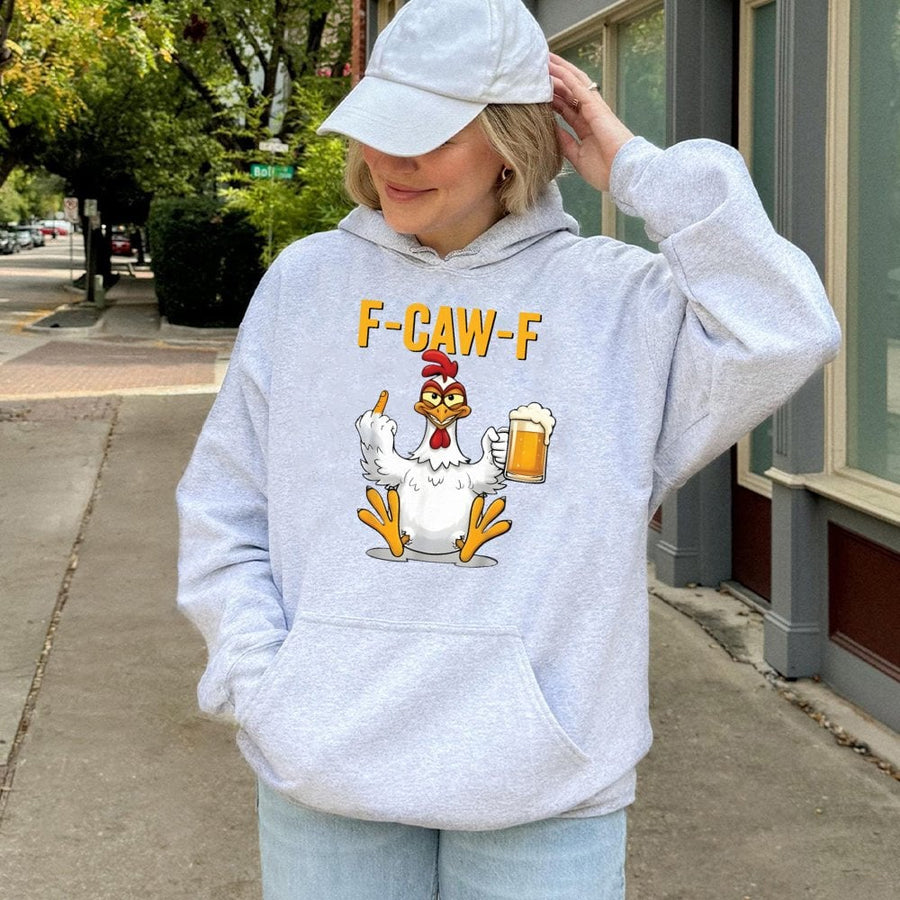 Funny Chicken Hoodie | F-Caw-F Rude Rooster Graphic | Premium Cotton Blend Pullover | Sarcastic Gift for Beer Lovers & Farmers Unisex Sweatshirt
