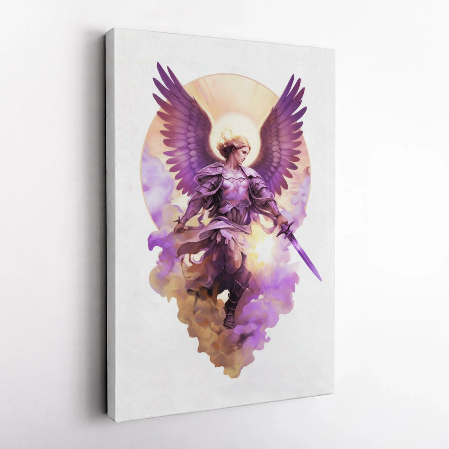 Female Archangel Wall Art | Warrior Angel With Purple Wings Canvas | Premium 1.25 Gallery Wrap | Spiritual Fantasy Home Decor Gift