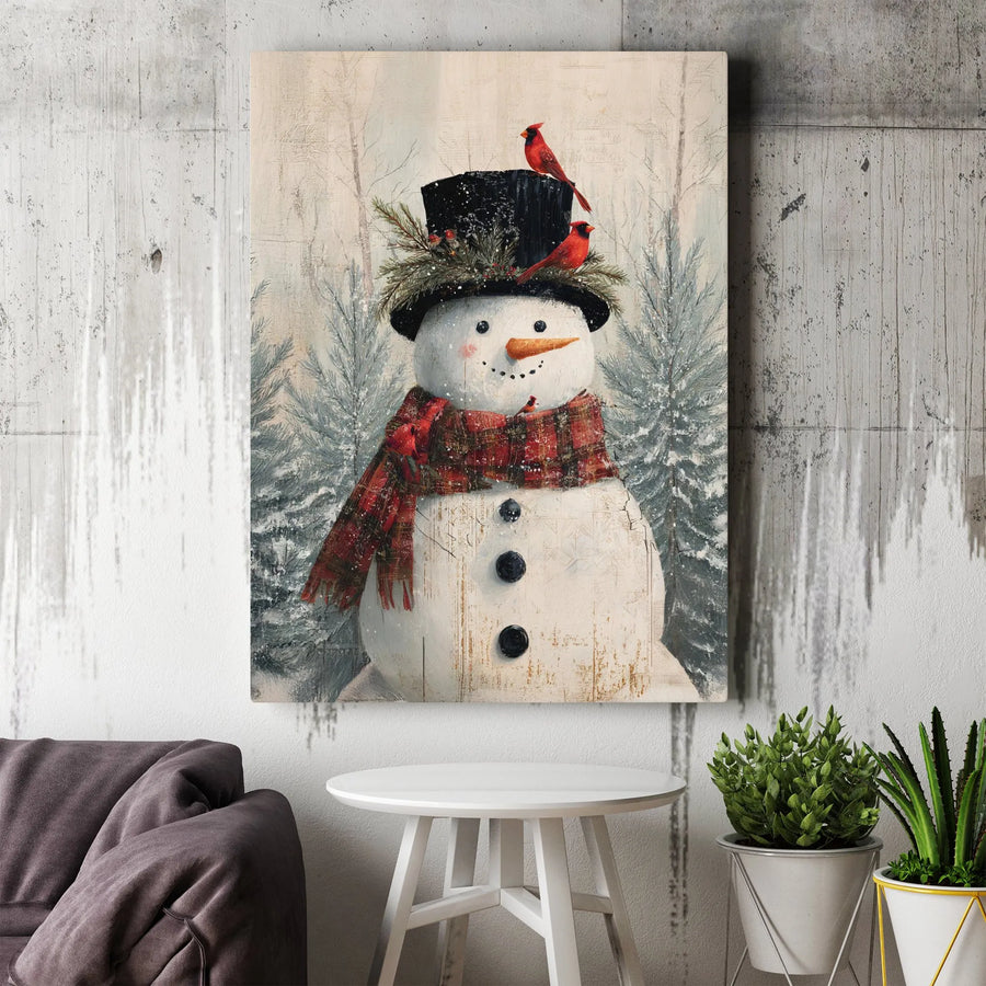 Snowman Canvas Wall Art | Red Cardinal Christmas Decor | Premium Fade-Resistant Print | Festive Winter Farmhouse Holiday Gift