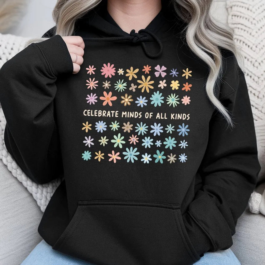 Celebrate Minds Of All Kinds Hoodie | Retro Floral Neurodiversity Graphic | Premium Cotton Blend | Gift For Teachers & Autism Awareness Advocates
