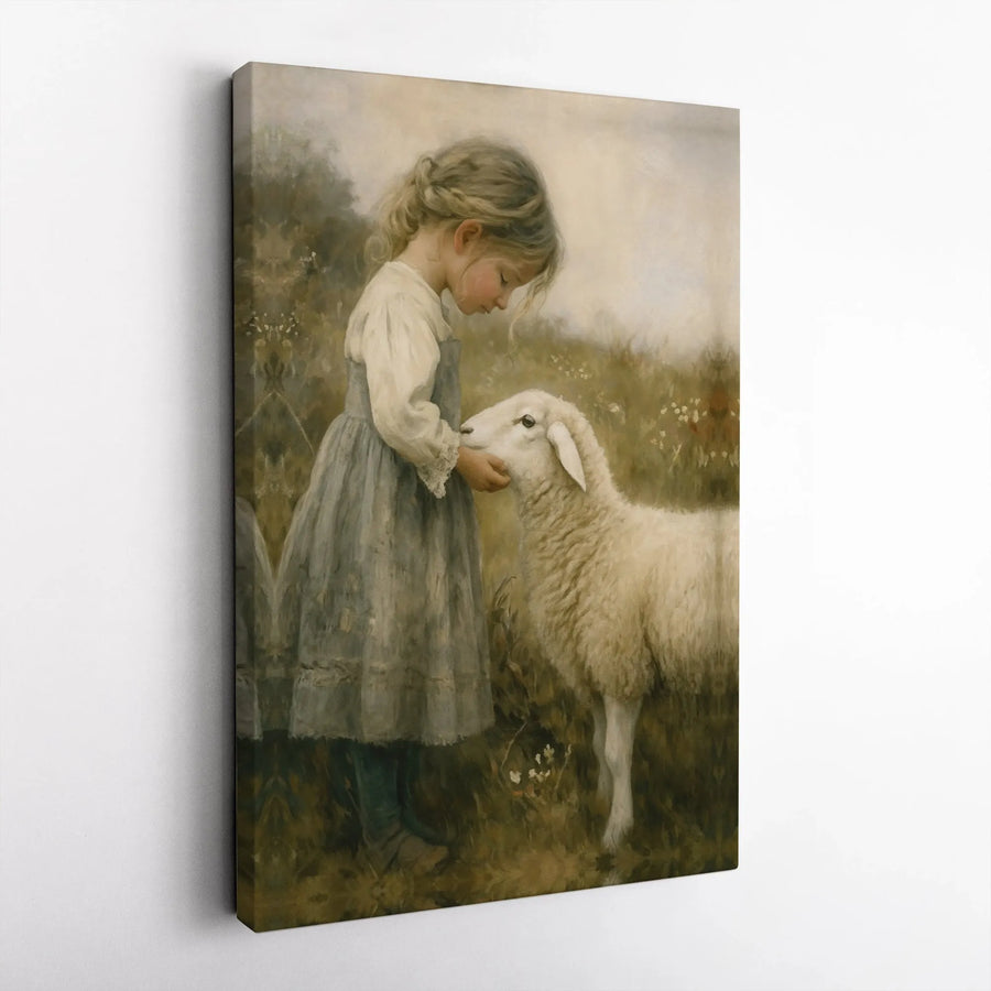 Girl With Lamb Oil Painting | Vintage Farmhouse Wall Art | Premium Gallery Wrapped Canvas | Cottagecore Decor Gift For Nursery
