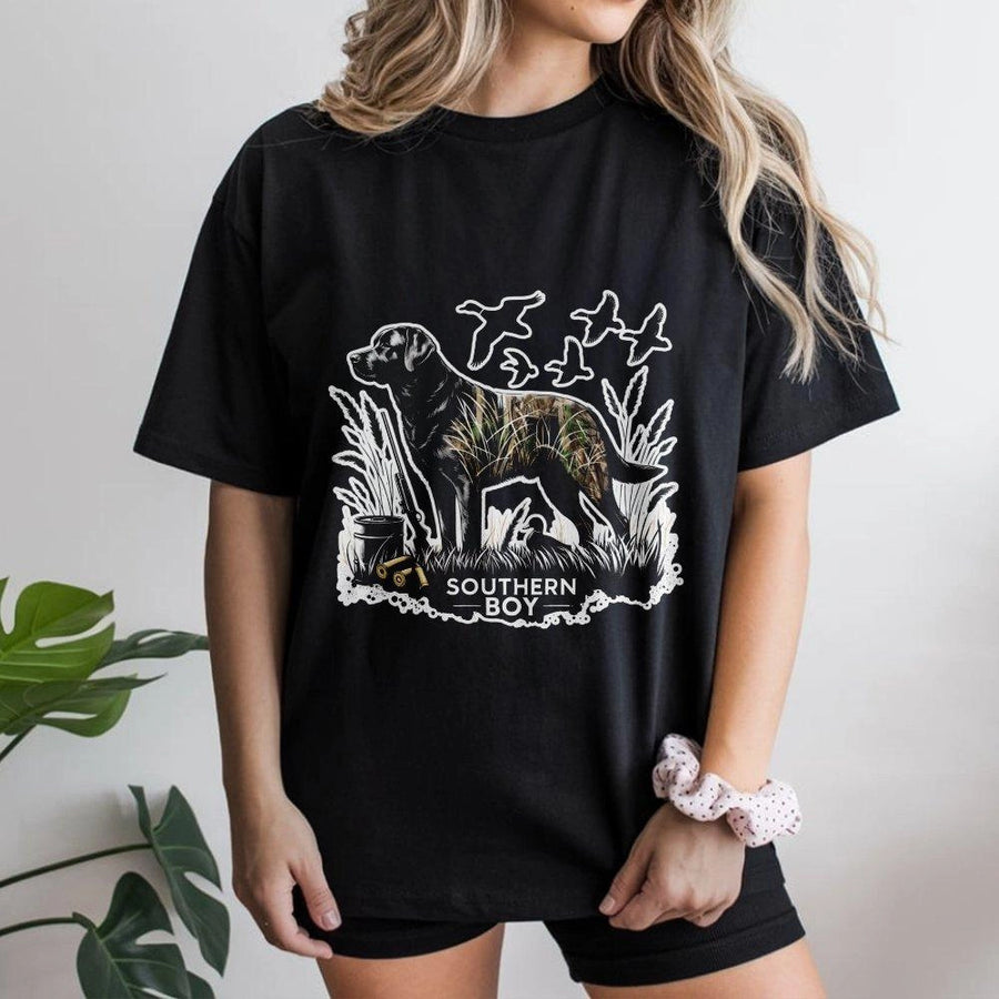 Southern Boy Hunting T-Shirt | Labrador Retriever Camo Duck Hunter Graphic | Premium Cotton Unisex Tee | Gift for Country Outdoor Enthusiasts