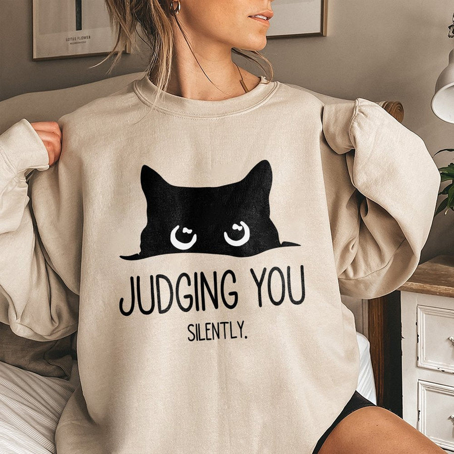 Judging You Silently Cat Sweatshirt | Peeking Black Cat Design | Premium Cotton Blend Crewneck | Funny Animal Lover Gift for Women & Men