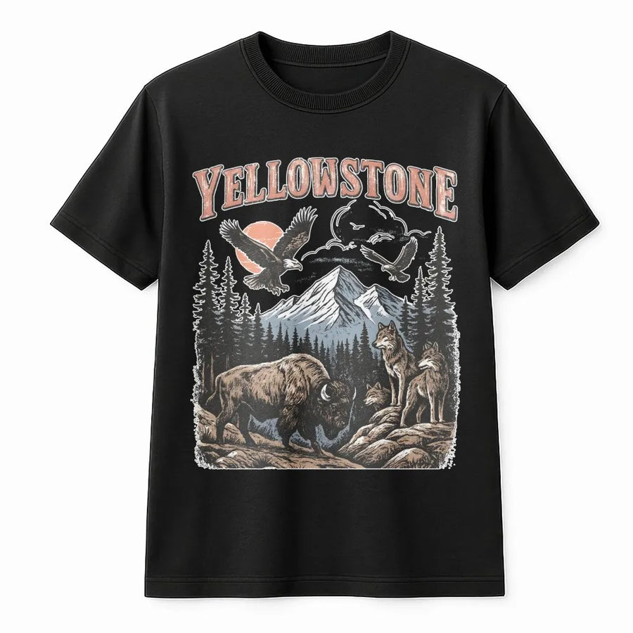 Vintage Yellowstone T-Shirt | Retro 90s Wildlife Graphic with Bison & Wolves | Soft Cotton Blend Pullover | National Park Souvenir Gift