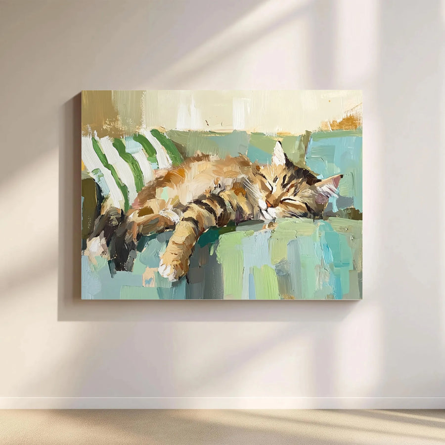 Sleeping Tabby Cat Canvas Art | Impressionist Oil Painting Style | Premium Gallery Wrap 1.25" Frame | Cozy Home Office Decor Gift for Cat Lovers