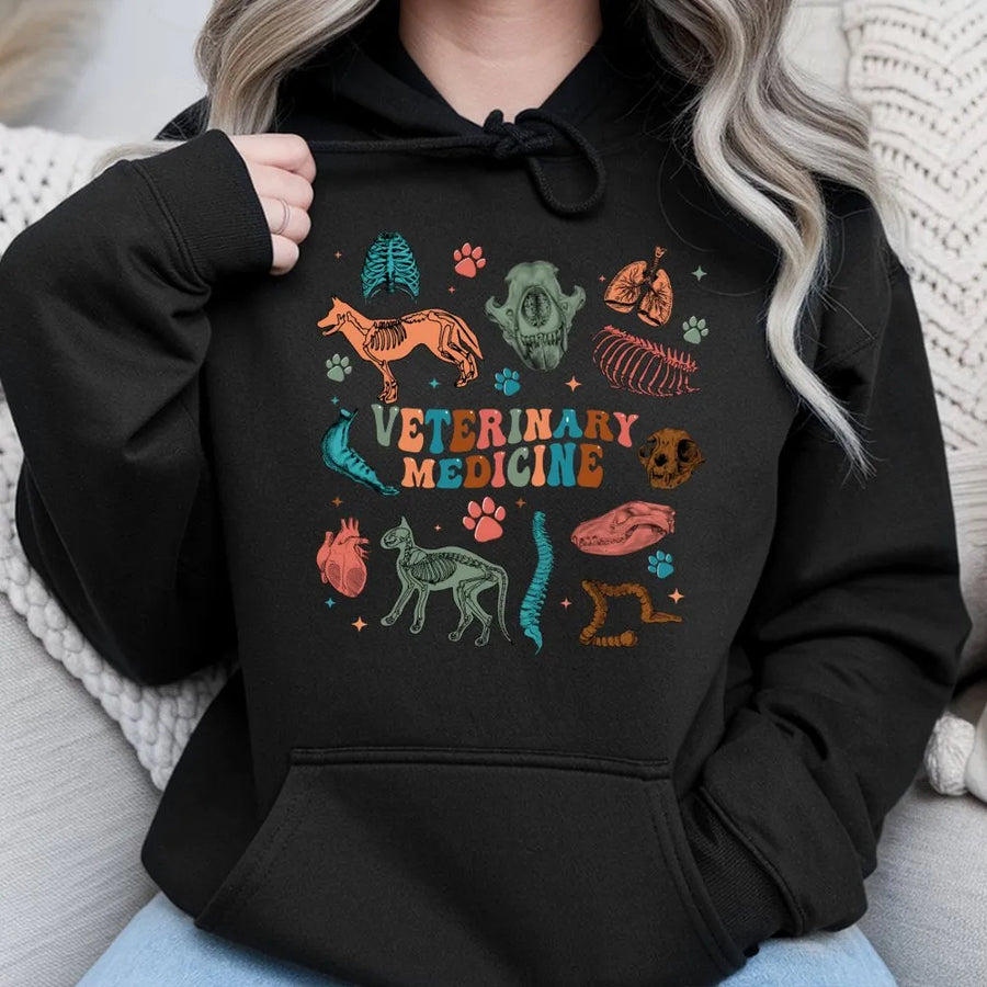 Veterinary Medicine Anatomy Hoodie | Retro Animal Skeleton Graphic | Soft Cotton-Blend Premium Apparel | Perfect Gift for Vet Techs, Students, and Veterinarians