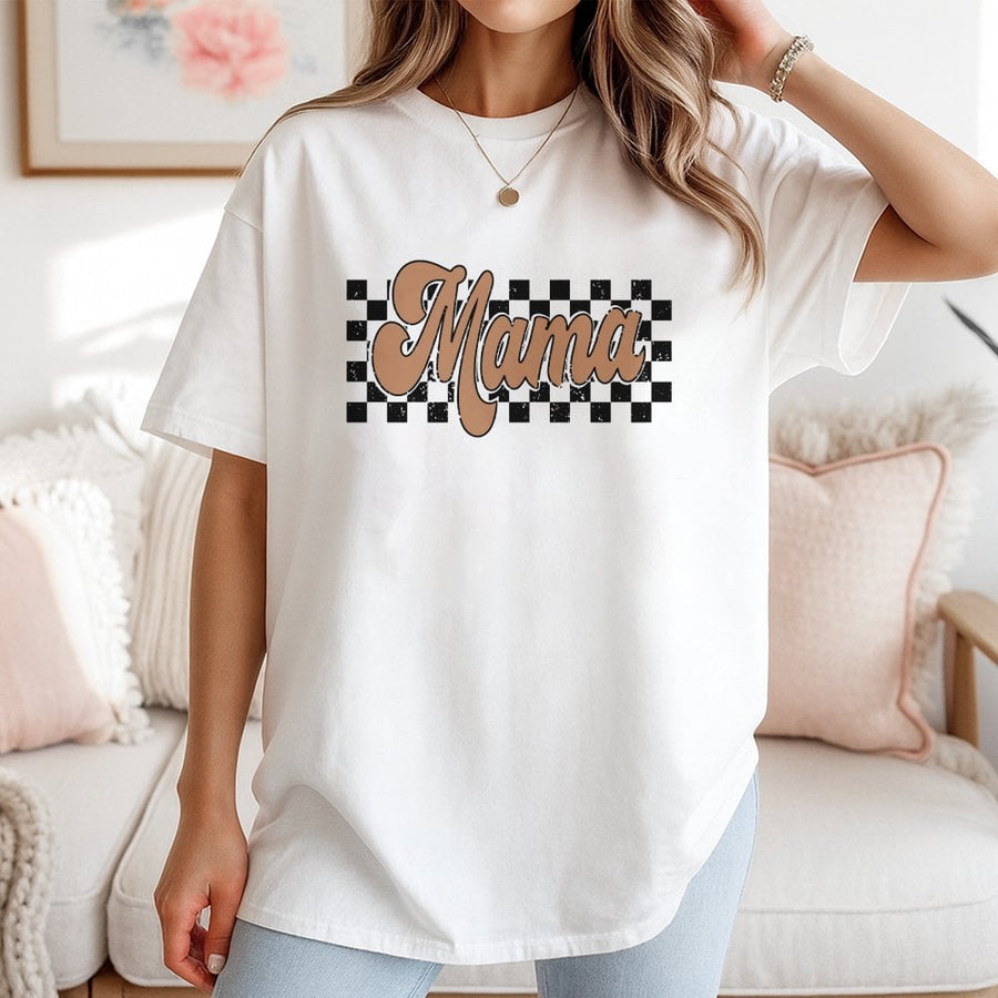 Mama T-Shirt | Retro Checkered Graphic Print | 100% Cotton Premium Quality | Trendy Mom Gift for Mother's Day 2026